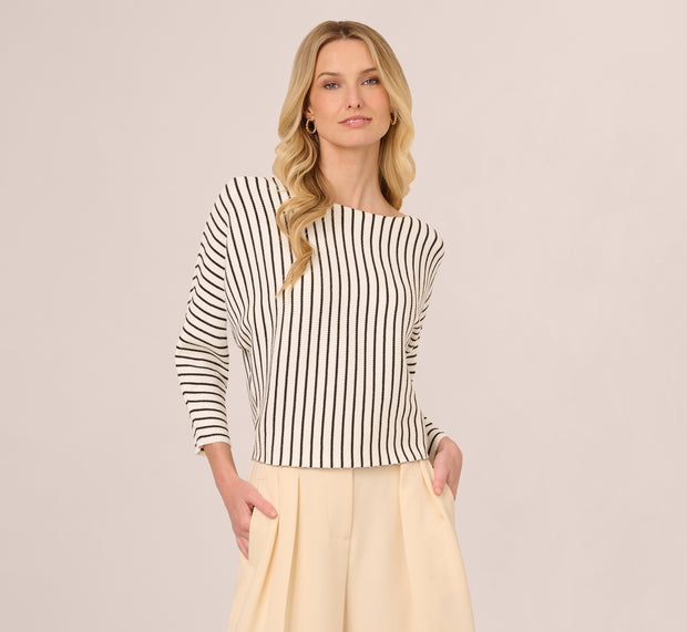 Aidan Mattox Striped Rib Knit Dolman Sleeve Sweater In Ivory Black