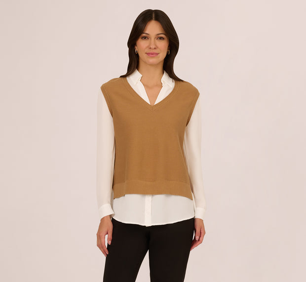 Aidan Mattox Sweater Vest Collared Twofer Shirt In Camel Ivory