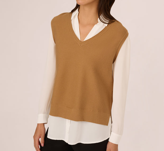 Aidan Mattox Sweater Vest Collared Twofer Shirt In Camel Ivory