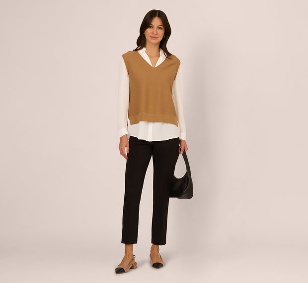 aidan mattox Sweater Vest Collared Twofer Shirt In Camel Ivory