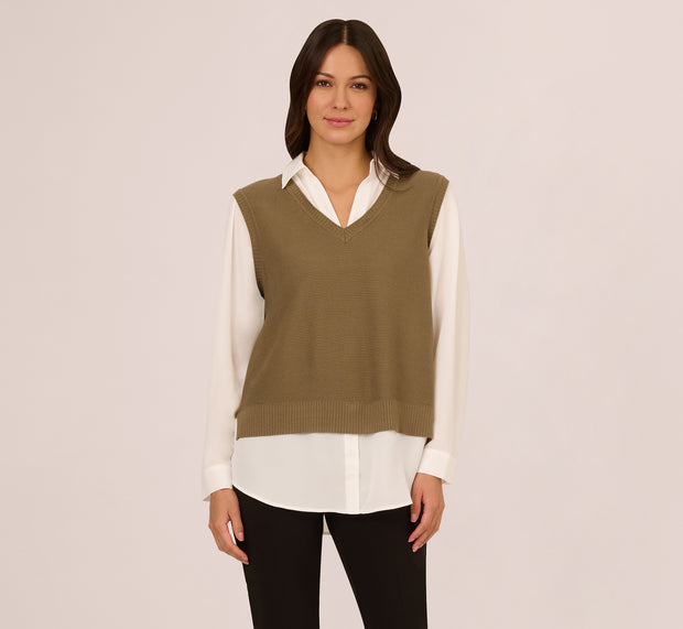Aidan Mattox Sweater Vest Collared Twofer Shirt In Smokey Olive Ivory