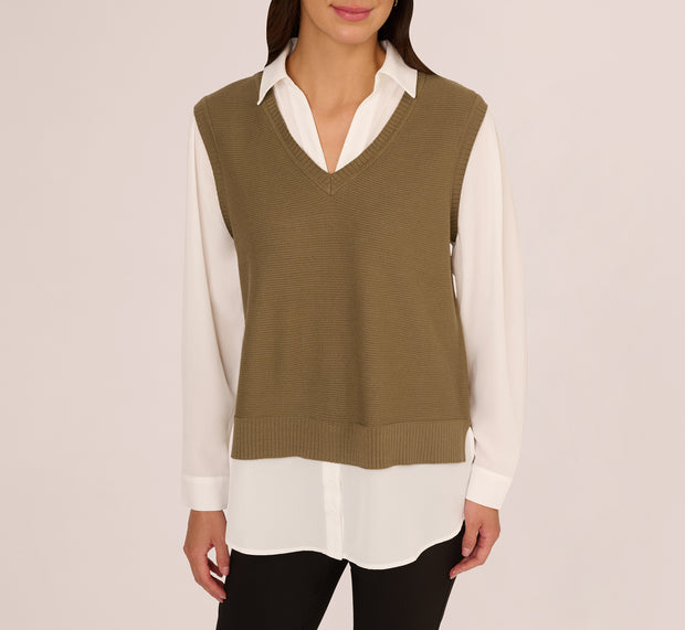 Aidan Mattox Sweater Vest Collared Twofer Shirt In Smokey Olive Ivory