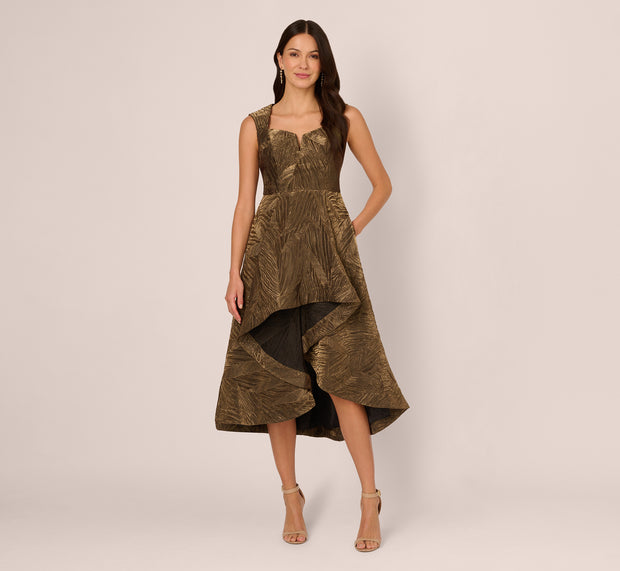 Aidan Mattox Textured Jacquard High Low Dress With Notched Neck In Metallic Gold