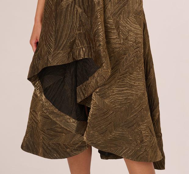 Aidan Mattox Textured Jacquard High Low Dress With Notched Neck In Metallic Gold