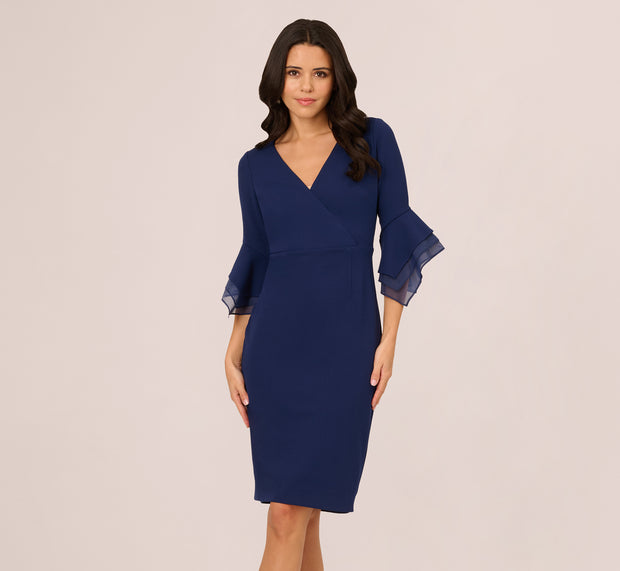 Aidan Mattox Three Quarter Bell Sleeve Sheath Midi Dress In Navy Sateen