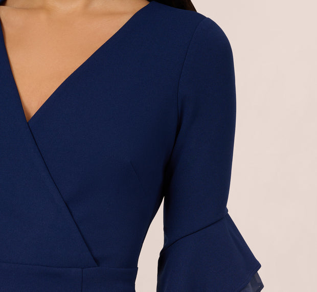 Aidan Mattox Three Quarter Bell Sleeve Sheath Midi Dress In Navy Sateen