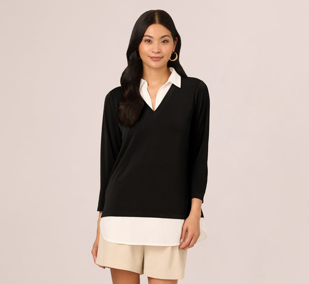 Aidan Mattox Three Quarter Sleeve Collared Twofer Sweater In Black Ivory