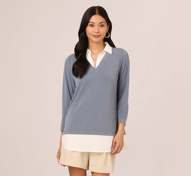 Aidan Mattox Three Quarter Sleeve Collared Twofer Sweater In Dusty Blue Ivory
