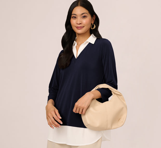 aidan mattox Three Quarter Sleeve Collared Twofer Sweater In Navy Ivory