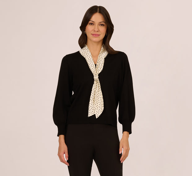 Aidan Mattox Three Quarter Sleeve Combo Scarf Sweater In Black Champagne Blush