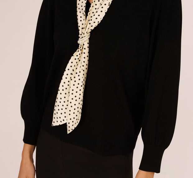 Aidan Mattox Three Quarter Sleeve Combo Scarf Sweater In Black Champagne Blush