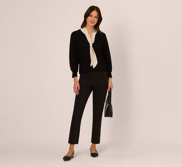 aidan mattox Three Quarter Sleeve Combo Scarf Sweater In Black Champagne Blush