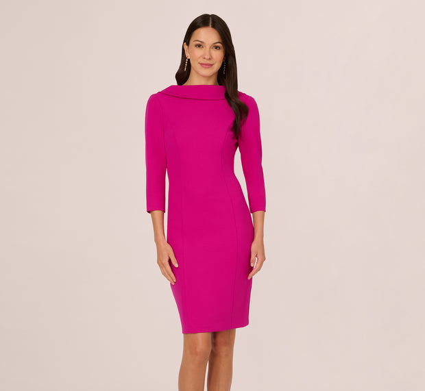 Aidan Mattox Three Quarter Sleeve Crepe Midi Dress With Rolled Neck In Pink Flambe