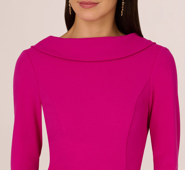 Aidan Mattox Three Quarter Sleeve Crepe Midi Dress With Rolled Neck In Pink Flambe