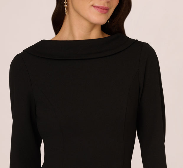 Aidan Mattox Three Quarter Sleeve Crepe Midi Dress With Rolled Neck In Black