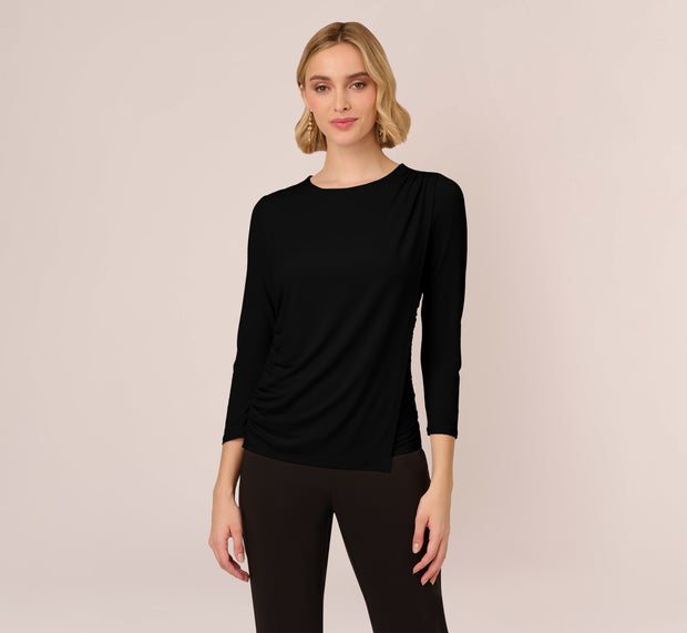 Aidan Mattox Three Quarter Sleeve Draped Jersey Top With Shirred Sides In Black