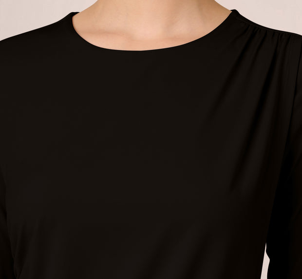 Aidan Mattox Three Quarter Sleeve Draped Jersey Top With Shirred Sides In Black