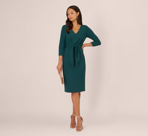 aidan mattox Three Quarter Sleeve Pleated Midi Dress With Tie Waist In Hunter