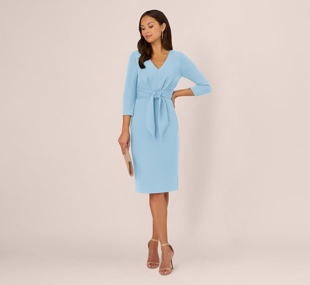 aidan mattox Three Quarter Sleeve Pleated Midi Dress With Tie Waist In Blue Mist