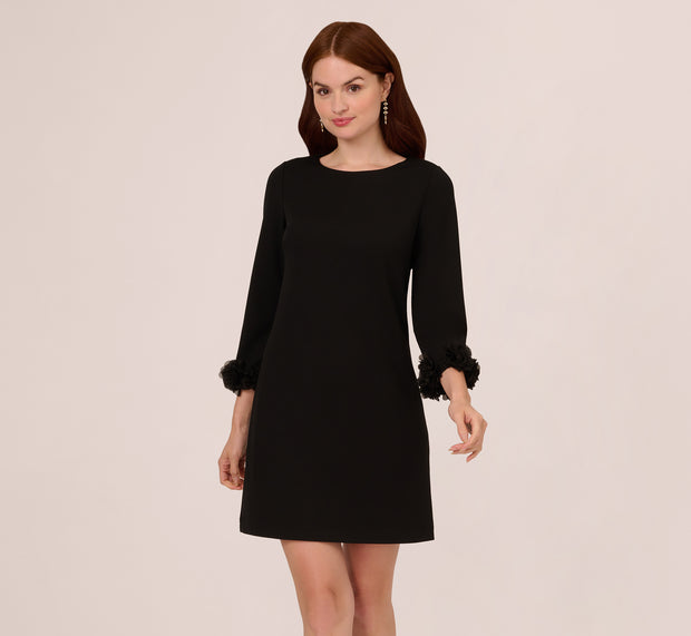 Aidan Mattox Three Quarter Sleeve Shift Dress With Floral Embellished Cuffs In Blac