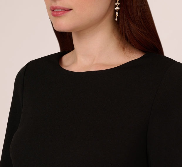 Aidan Mattox Three Quarter Sleeve Shift Dress With Floral Embellished Cuffs In Blac