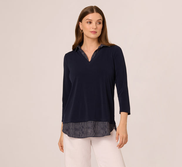 Aidan Mattox Three Quarter Sleeve Sweater With Button Down Accents In Navyw Navy Iv