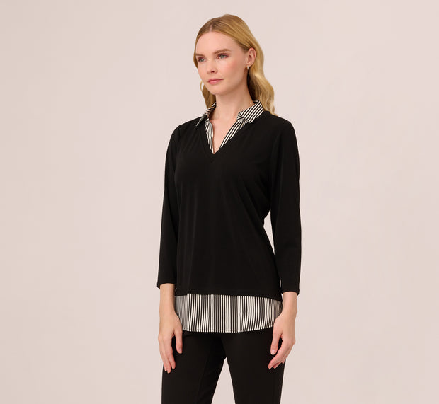 Aidan Mattox Three Quarter Sleeve Sweater With Button Down Accents In Blackw Black