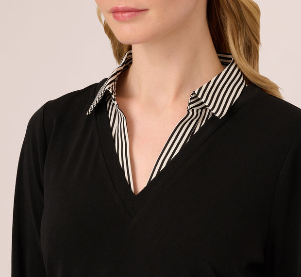 Aidan Mattox Three Quarter Sleeve Sweater With Button Down Accents In Blackw Black