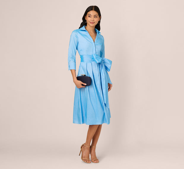 Aidan Mattox Three Quarter Sleeve Taffeta Midi Shirt Dress In Bluebell