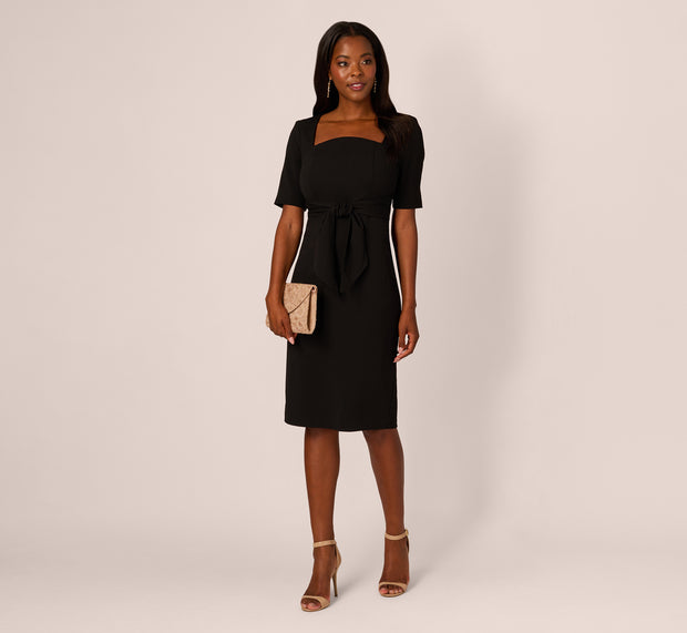 aidan mattox Three Quarter Sleeve Trapeze Dress With Ruffle Mock Neck In Black