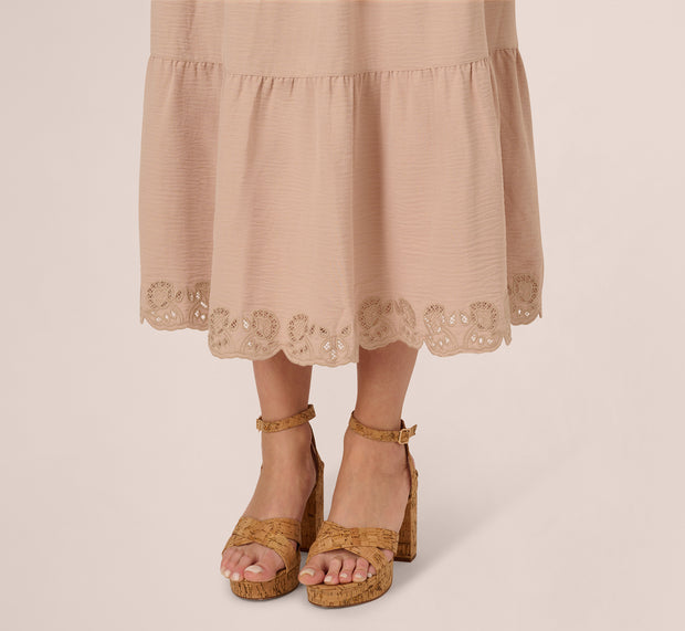 Aidan Mattox Tiered Eyelet Hem Drawstring Midi Skirt In Bamboo