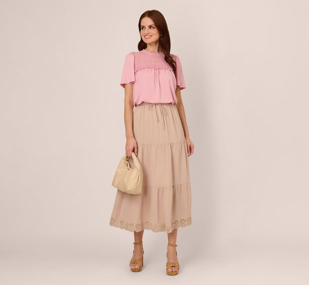aidan mattox Tiered Eyelet Hem Drawstring Midi Skirt In Bamboo