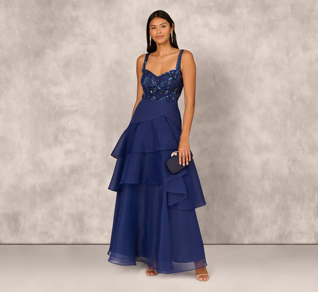 Aidan Mattox Tiered Organza Gown With Beaded Bodice In Navy