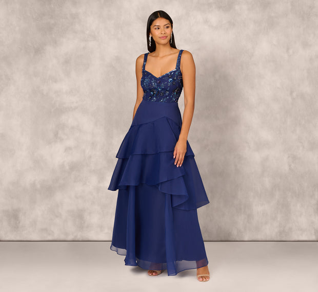 Aidan Mattox Tiered Organza Gown With Beaded Bodice In Navy