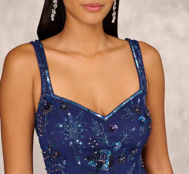 Aidan Mattox Tiered Organza Gown With Beaded Bodice In Navy