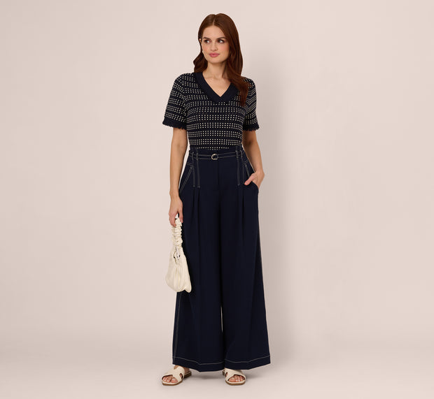 Aidan Mattox Topstitch Wide Leg Paperbag Pant With Belt In Navy Ivory