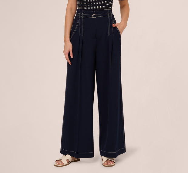 Aidan Mattox Topstitch Wide Leg Paperbag Pant With Belt In Navy Ivory