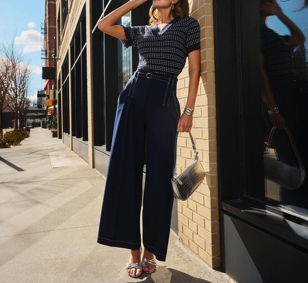 aidan mattox Topstitch Wide Leg Paperbag Pant With Belt In Navy Ivory