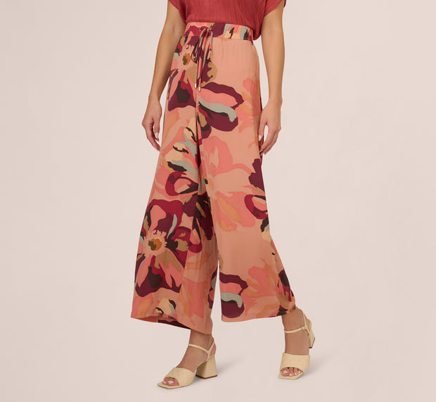 Aidan Mattox Tropical Floral Print Wide Leg Pants With Drawstring Waist In Deepburg