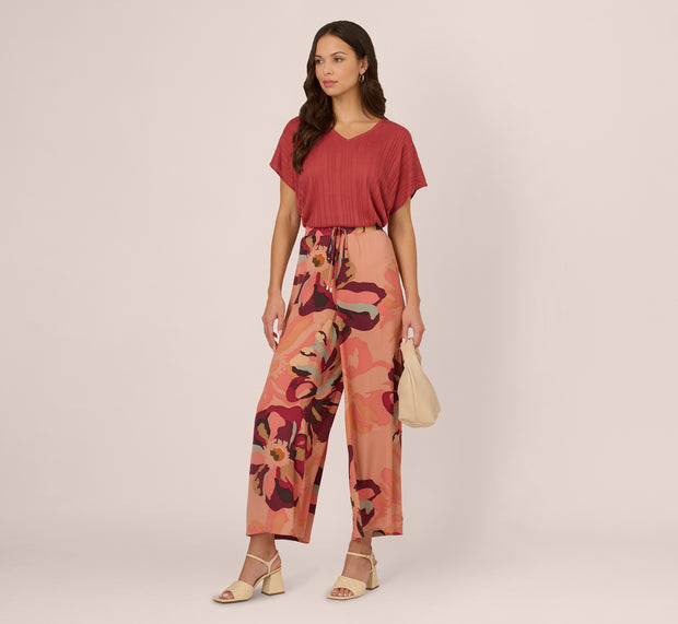 aidan mattox Tropical Floral Print Wide Leg Pants With Drawstring Waist In Deepburg