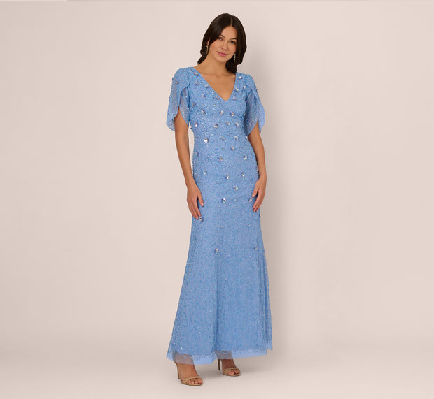 Aidan Mattox Tulip Sleeve 3D Floral Beaded Mermaid Dress In Bluebell