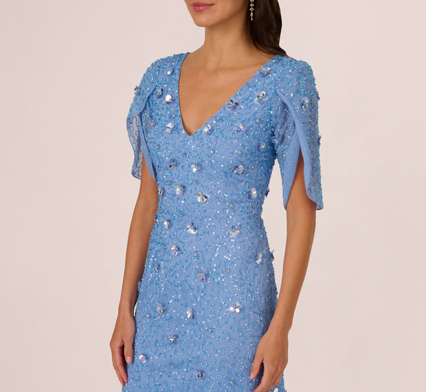 Aidan Mattox Tulip Sleeve 3D Floral Beaded Mermaid Dress In Bluebell