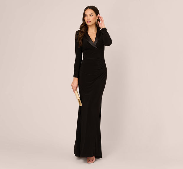 aidan mattox Tuxedo Mermaid Gown With Long Sleeves In Black