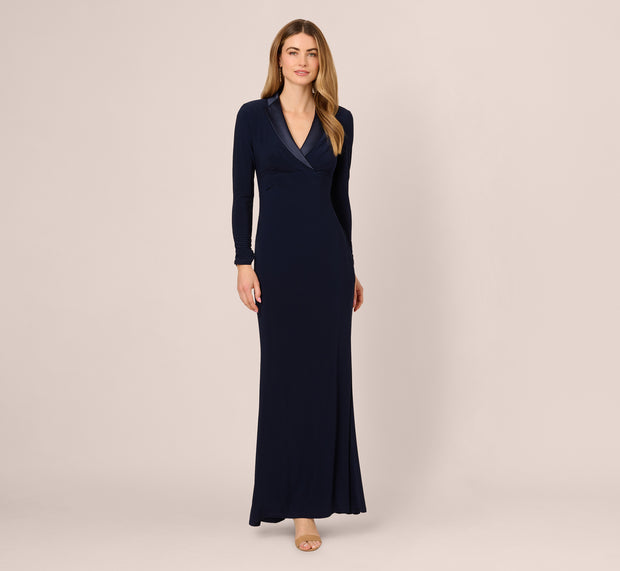 Aidan Mattox Tuxedo Mermaid Gown With Long Sleeves In Midnight
