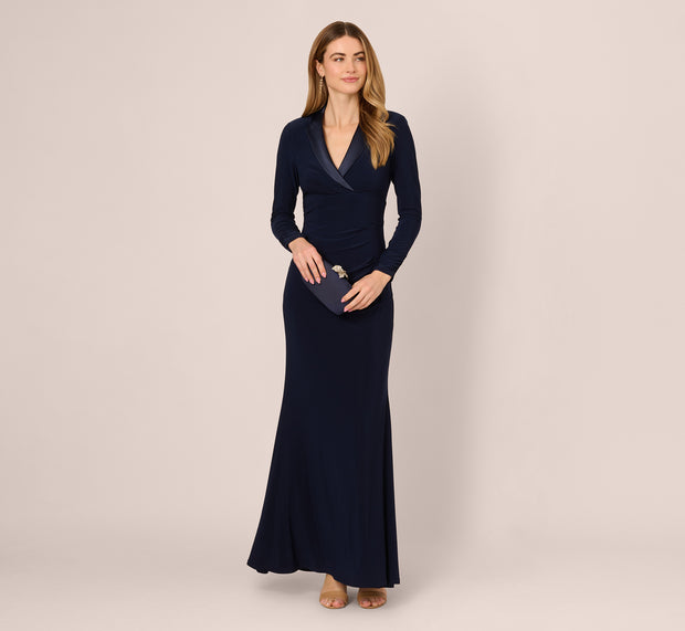 aidan mattox Tuxedo Mermaid Gown With Long Sleeves In Midnight
