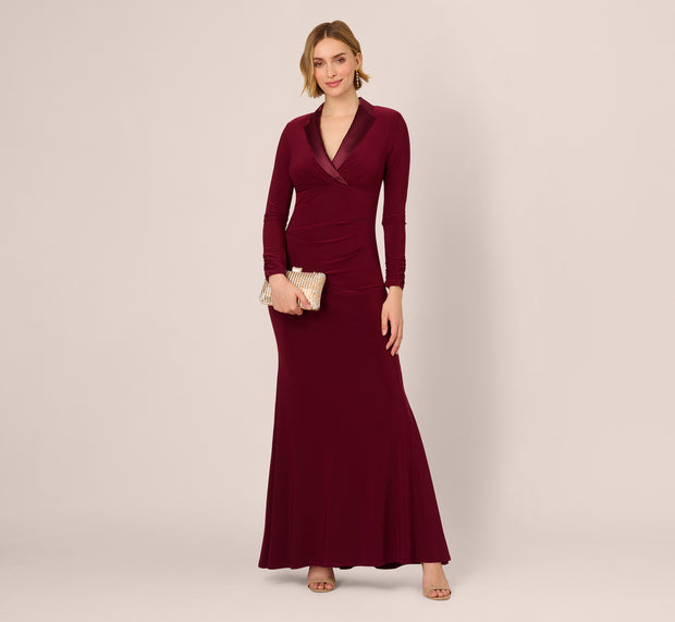 aidan mattox Tuxedo Mermaid Gown With Long Sleeves In Red Wine