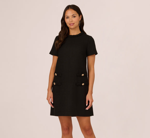Aidan Mattox Tweed Sheath Dress With Short Sleeves In Black