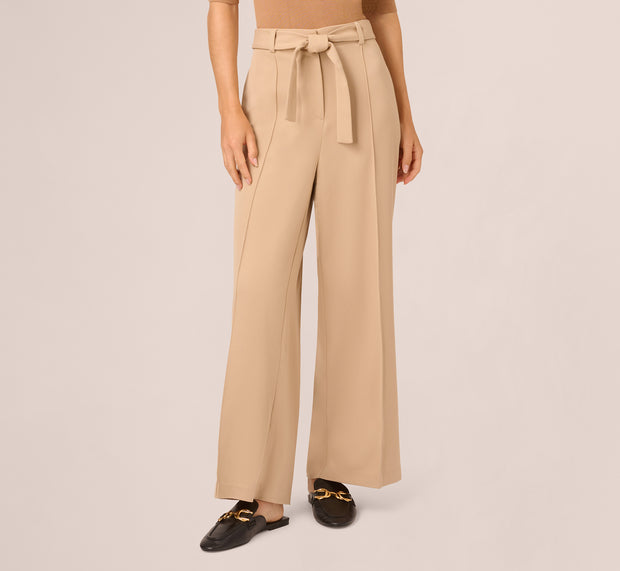 Aidan Mattox Twill Zip Fly Belted Wide Leg Pant In Sandstone