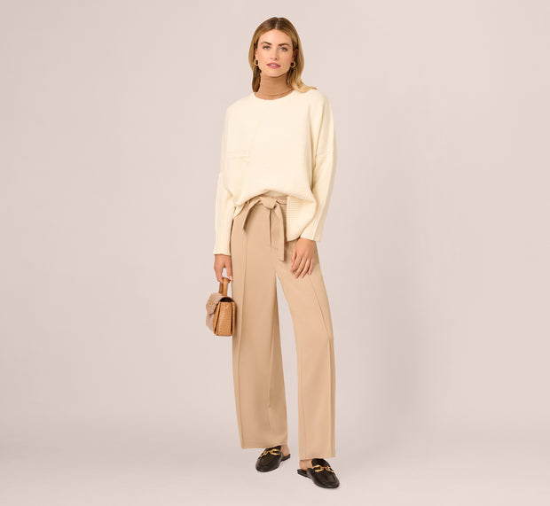 aidan mattox Twill Zip Fly Belted Wide Leg Pant In Sandstone