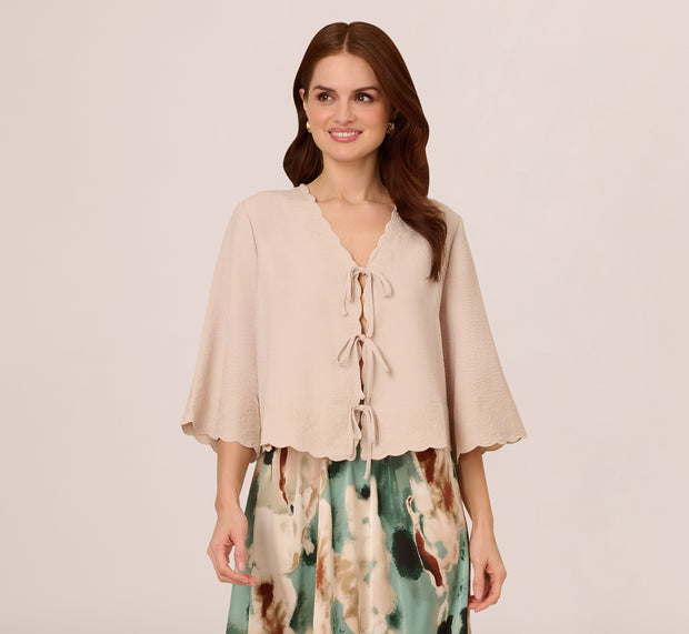 Aidan Mattox V Neck Bell Sleeve Tie Front Top In Pebble
